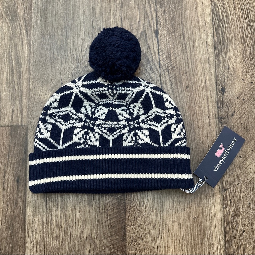 Vineyard Vines Merino Nordic Snowflake Knit Beanie One Size Blue White